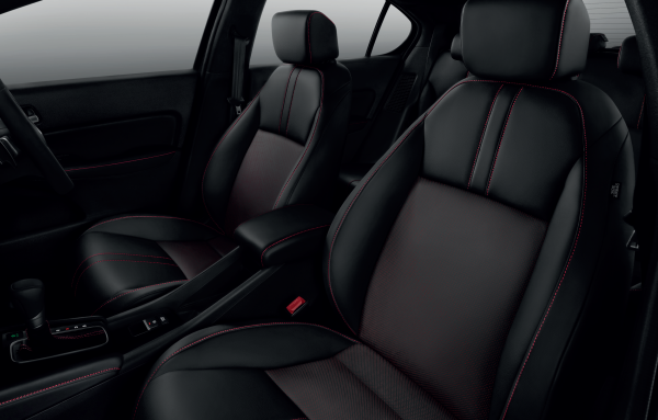 PLUSH LEATHER^ SEATS WITH RED STITCHING
